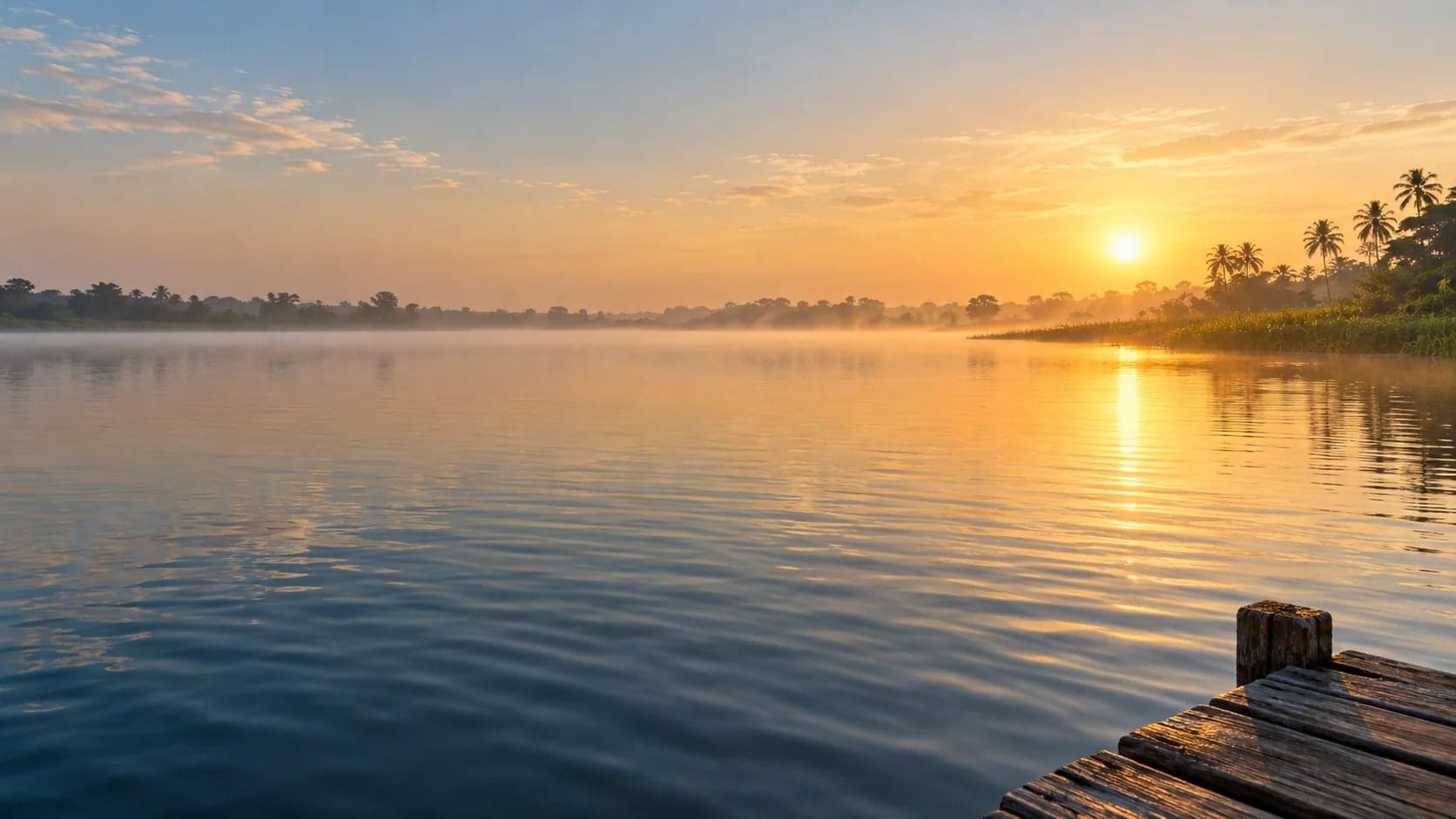AI demo of an imagined tropical lake at sunrise — not the actual venue
