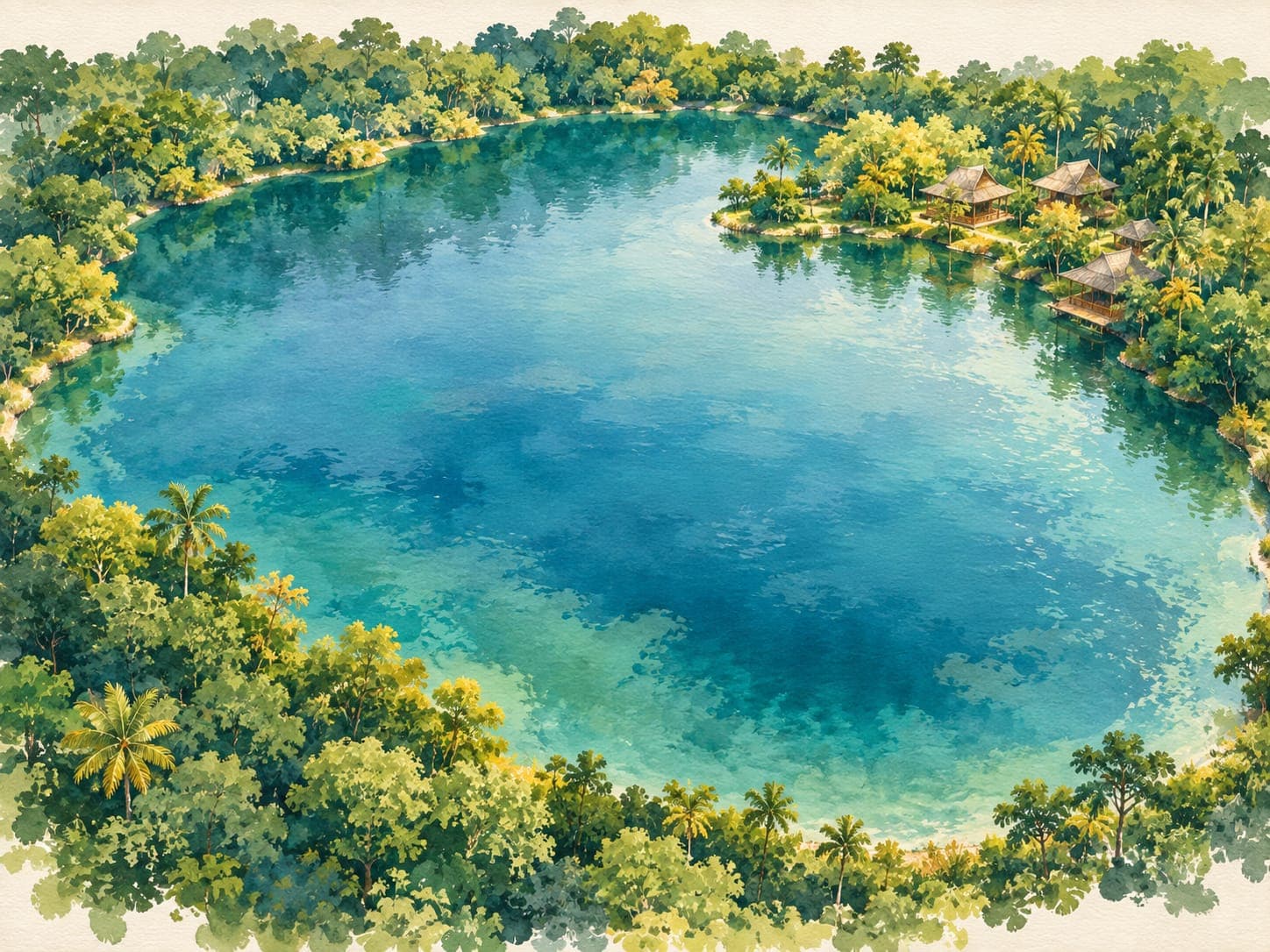 AI conceptual aerial lake illustration — not the actual site plan or a navigation map