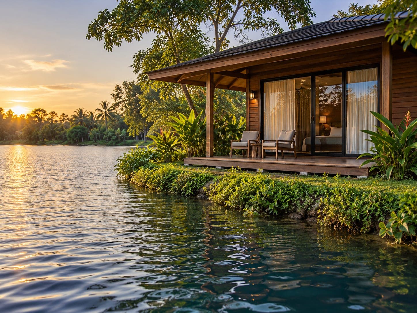 AI demo image of an imagined lakeside cabin — not the actual cabin
